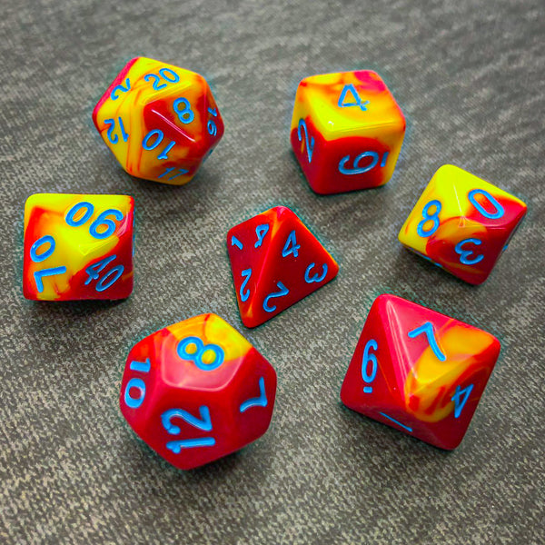 Red and Yellow with Blue Text - The Dice Viking - Dice Set