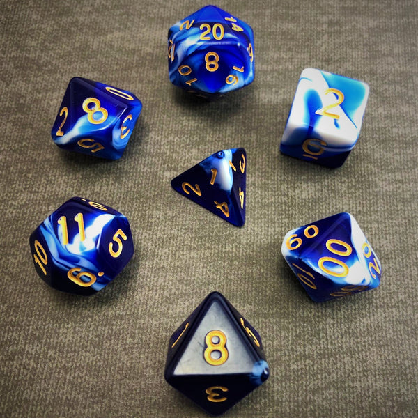 Swirl - Blue and White with Gold Text - The Dice Viking - Dice Set