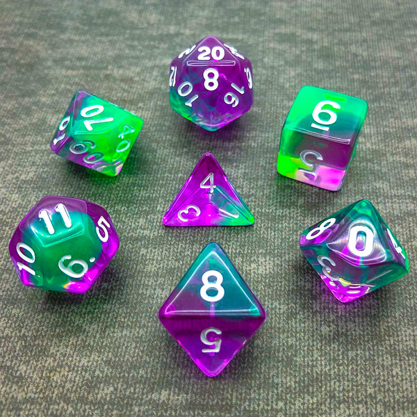 Transparent Green and Purple with White Text - The Dice Viking - Dice Set