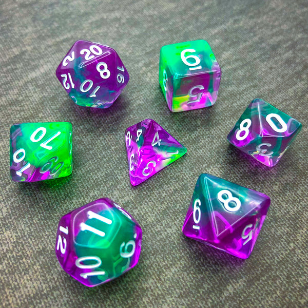 Transparent Green and Purple with White Text - The Dice Viking - Dice Set