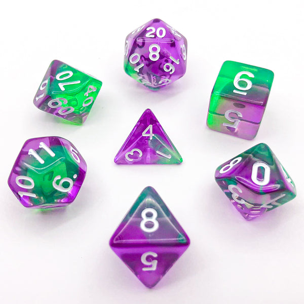 Transparent Green and Purple with White Text - The Dice Viking - Dice Set