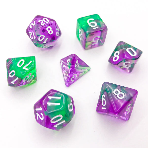 Transparent Green and Purple with White Text - The Dice Viking - Dice Set