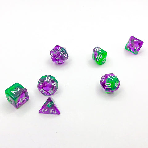 Transparent Green and Purple with White Text - The Dice Viking - Dice Set