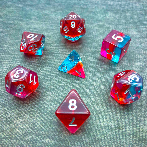 Transparent Cyan, Red, and Pink with Silver Text - The Dice Viking - Dice Set