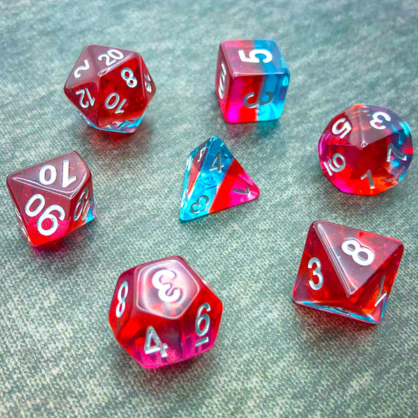 Transparent Cyan, Red, and Pink with Silver Text - The Dice Viking - Dice Set