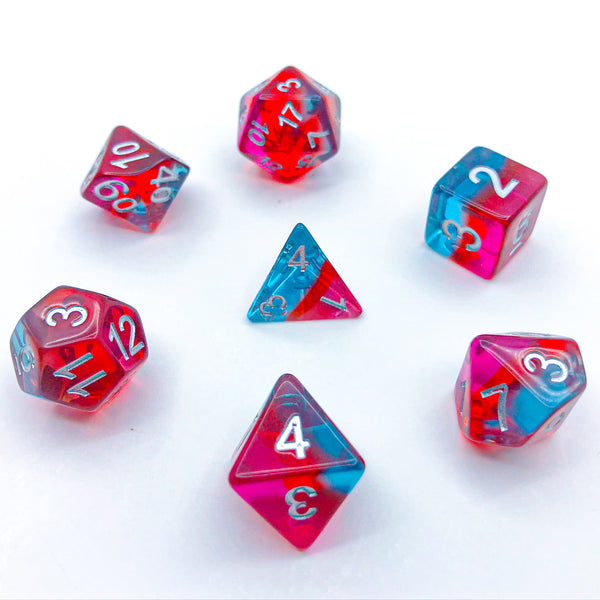 Transparent Cyan, Red, and Pink with Silver Text - The Dice Viking - Dice Set