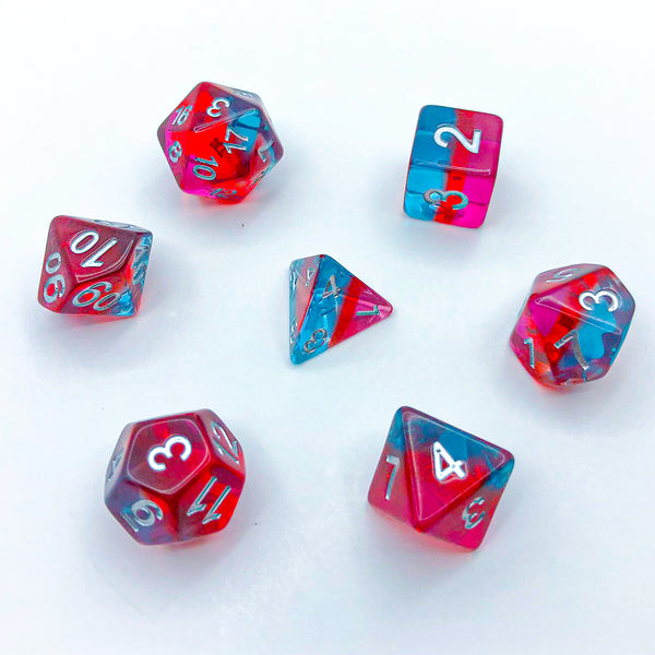 Transparent Cyan, Red, and Pink with Silver Text - The Dice Viking - Dice Set