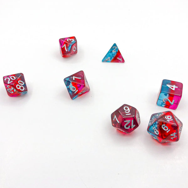 Transparent Cyan, Red, and Pink with Silver Text - The Dice Viking - Dice Set