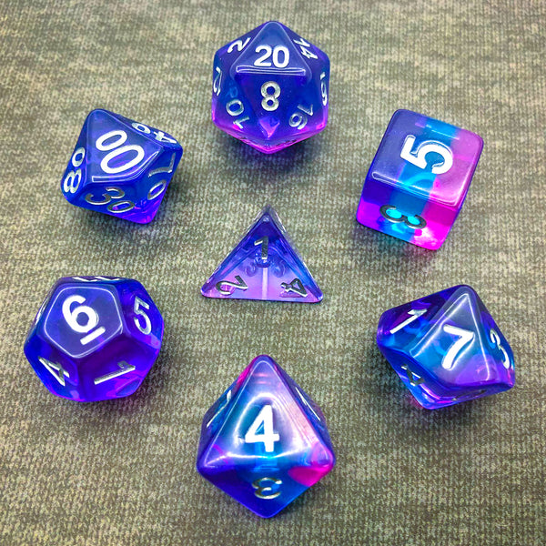 Transparent Purple, Blue, and Pink with Silver Text - The Dice Viking - Dice Set