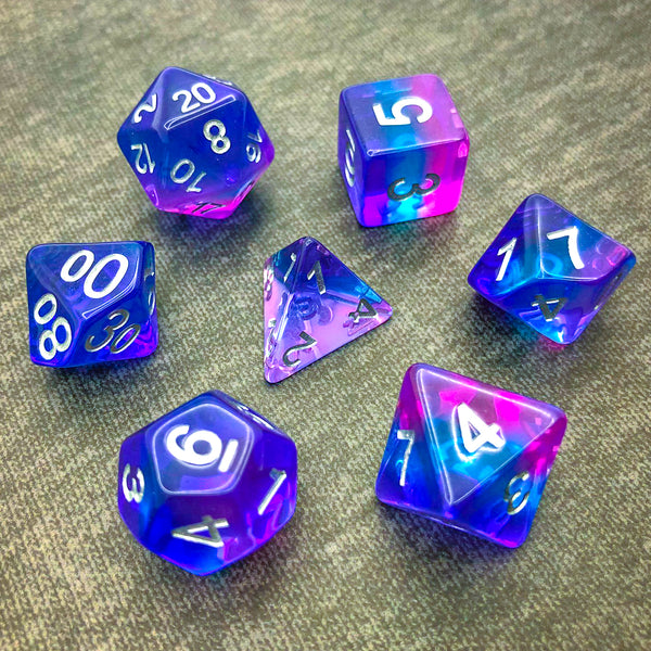 Transparent Purple, Blue, and Pink with Silver Text - The Dice Viking - Dice Set