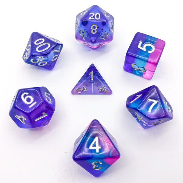 Transparent Purple, Blue, and Pink with Silver Text - The Dice Viking - Dice Set