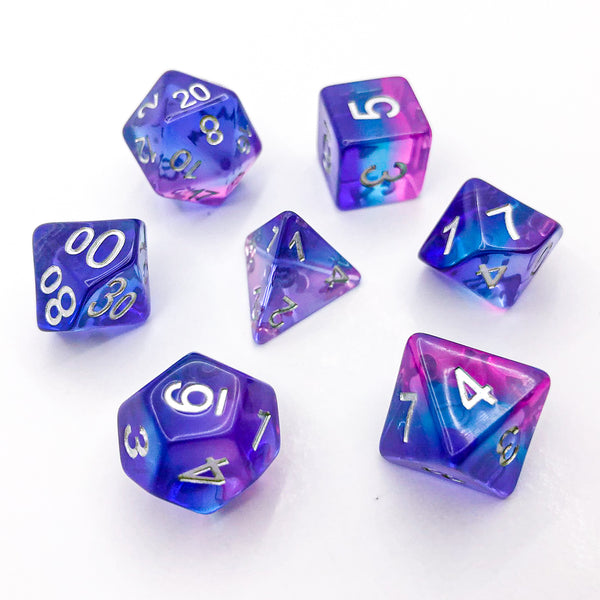 Transparent Purple, Blue, and Pink with Silver Text - The Dice Viking - Dice Set