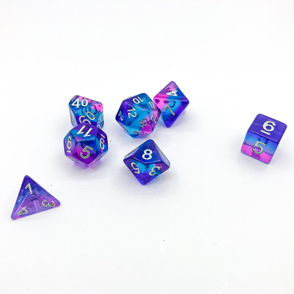 Transparent Purple, Blue, and Pink with Silver Text - The Dice Viking - Dice Set