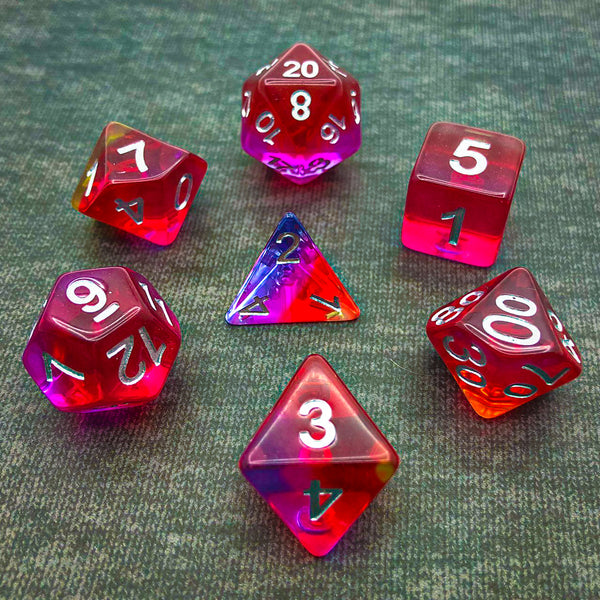 Transparent Red, Yellow, Pink, and Indigo with Silver Text - The Dice Viking - Dice Set