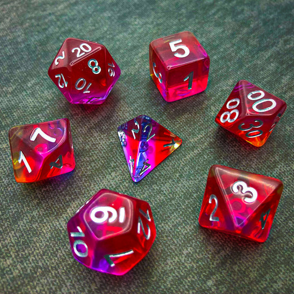 Transparent Red, Yellow, Pink, and Indigo with Silver Text - The Dice Viking - Dice Set