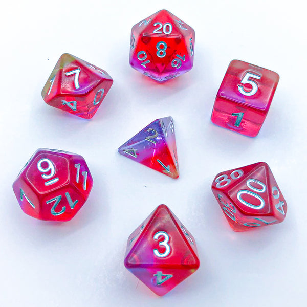 Transparent Red, Yellow, Pink, and Indigo with Silver Text - The Dice Viking - Dice Set