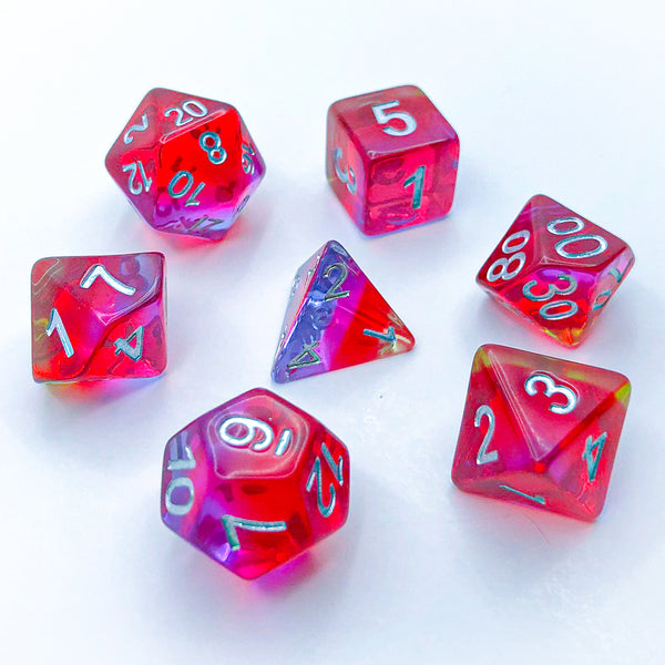 Transparent Red, Yellow, Pink, and Indigo with Silver Text - The Dice Viking - Dice Set