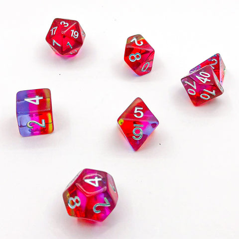 Transparent Red, Yellow, Pink, and Indigo with Silver Text - The Dice Viking - Dice Set