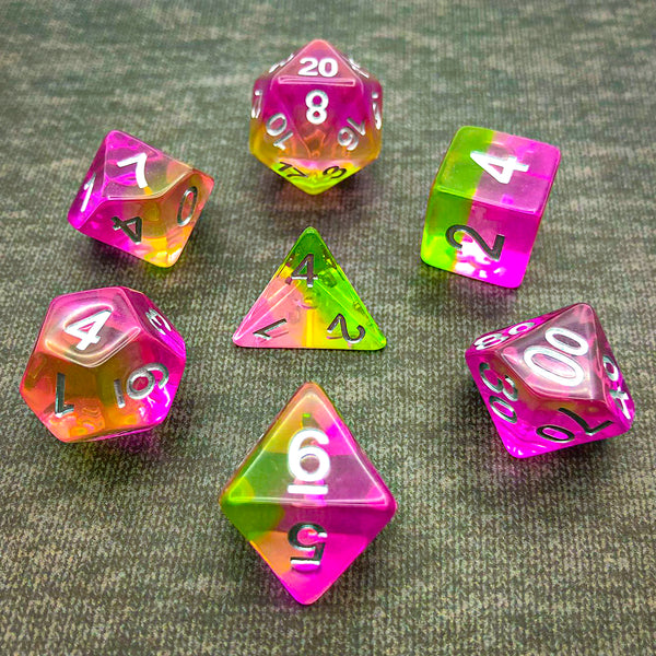 Violet, Pink, and Green with Silver Text - The Dice Viking - Dice Set