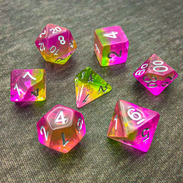 Violet, Pink, and Green with Silver Text - The Dice Viking - Dice Set