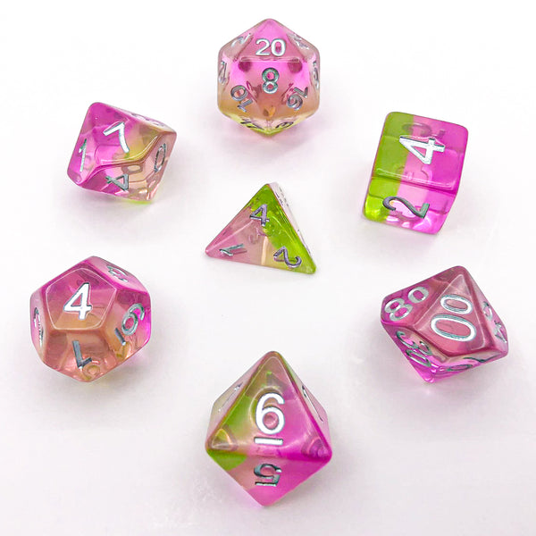 Violet, Pink, and Green with Silver Text - The Dice Viking - Dice Set