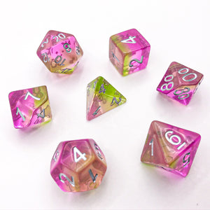 Violet, Pink, and Green with Silver Text - The Dice Viking - Dice Set