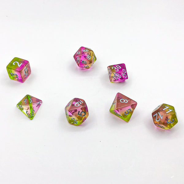 Violet, Pink, and Green with Silver Text - The Dice Viking - Dice Set