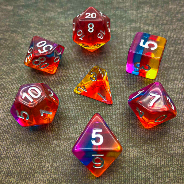 Transparent Red, Yellow, Blue, and Purple with Silver Text - The Dice Viking - Dice Set