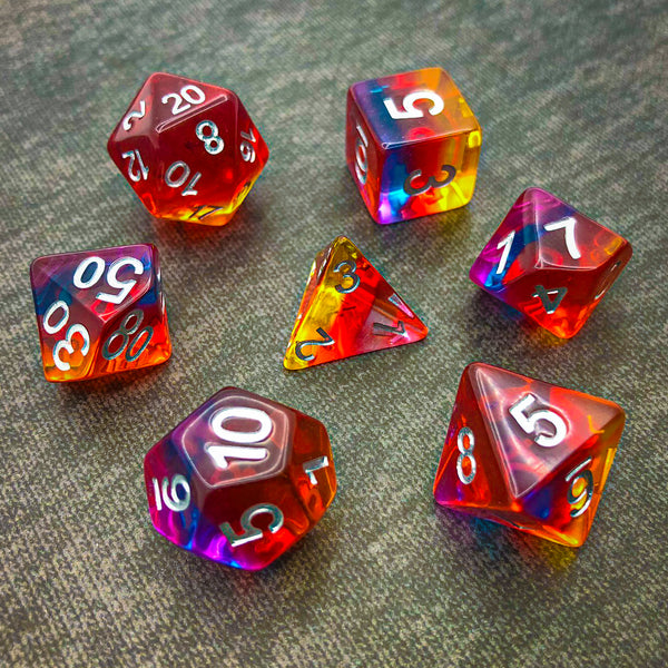 Transparent Red, Yellow, Blue, and Purple with Silver Text - The Dice Viking - Dice Set