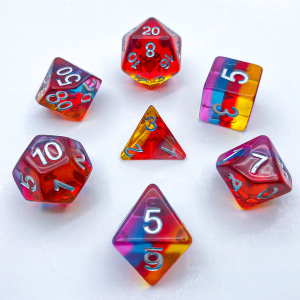 Transparent Red, Yellow, Blue, and Purple with Silver Text - The Dice Viking - Dice Set