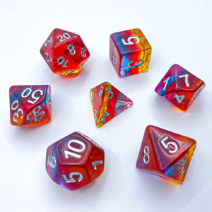 Transparent Red, Yellow, Blue, and Purple with Silver Text - The Dice Viking - Dice Set