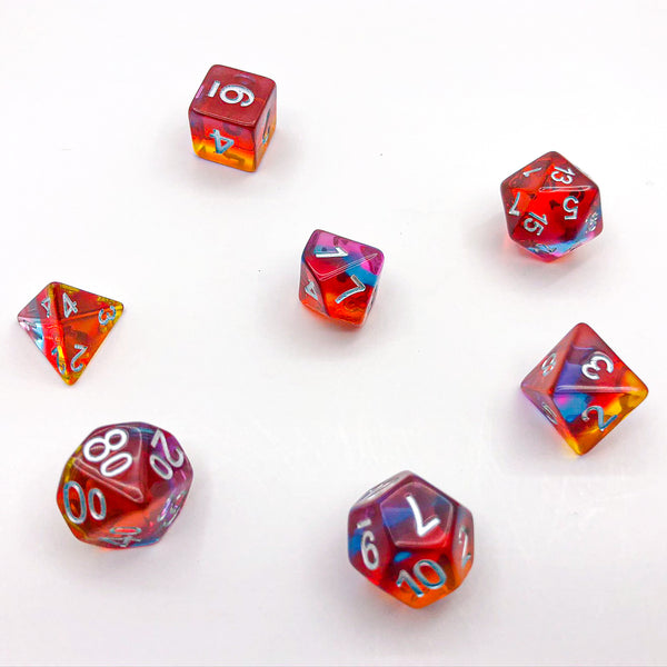 Transparent Red, Yellow, Blue, and Purple with Silver Text - The Dice Viking - Dice Set