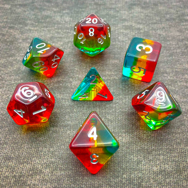 Transparent Red, Yellow, and Turquoise with Silver Text - The Dice Viking - Dice Set