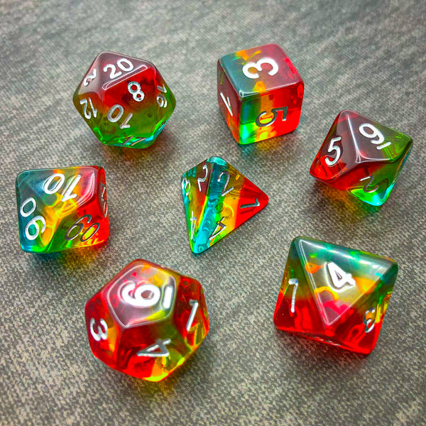 Transparent Red, Yellow, and Turquoise with Silver Text - The Dice Viking - Dice Set