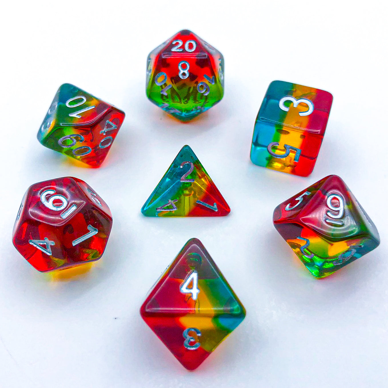 Transparent Red, Yellow, and Turquoise with Silver Text - The Dice Viking - Dice Set