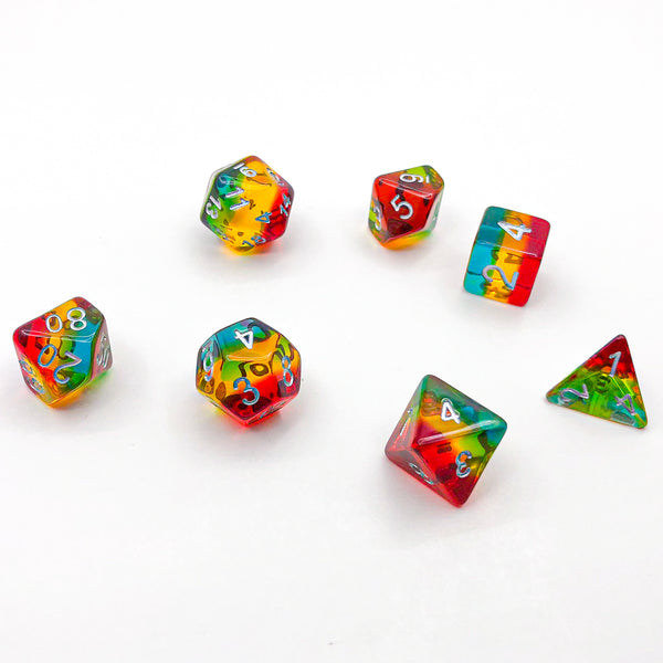 Transparent Red, Yellow, and Turquoise with Silver Text - The Dice Viking - Dice Set