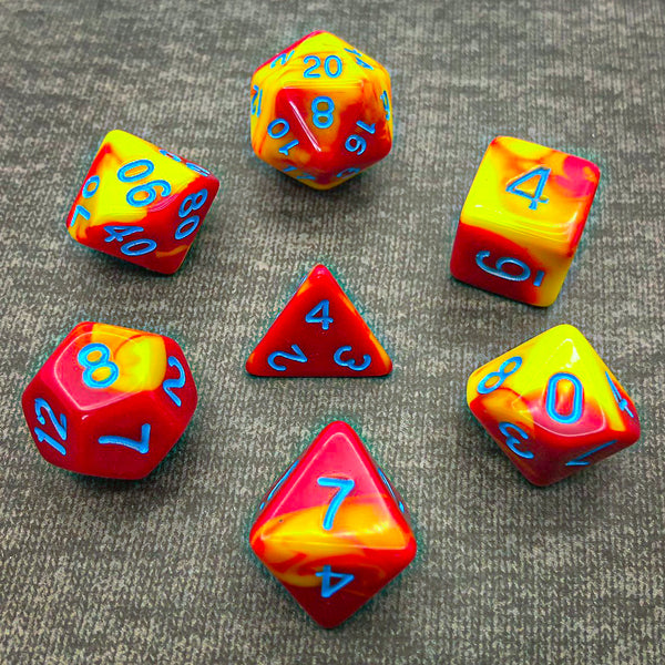 Red and Yellow with Blue Text - The Dice Viking - Dice Set