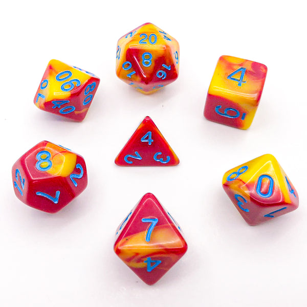 Red and Yellow with Blue Text - The Dice Viking - Dice Set