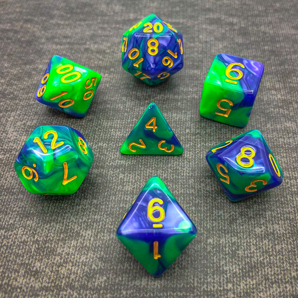 Green and Blue-Violet with Gold Text - The Dice Viking - Dice Set