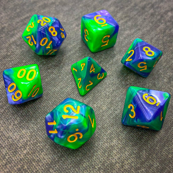 Green and Blue-Violet with Gold Text - The Dice Viking - Dice Set