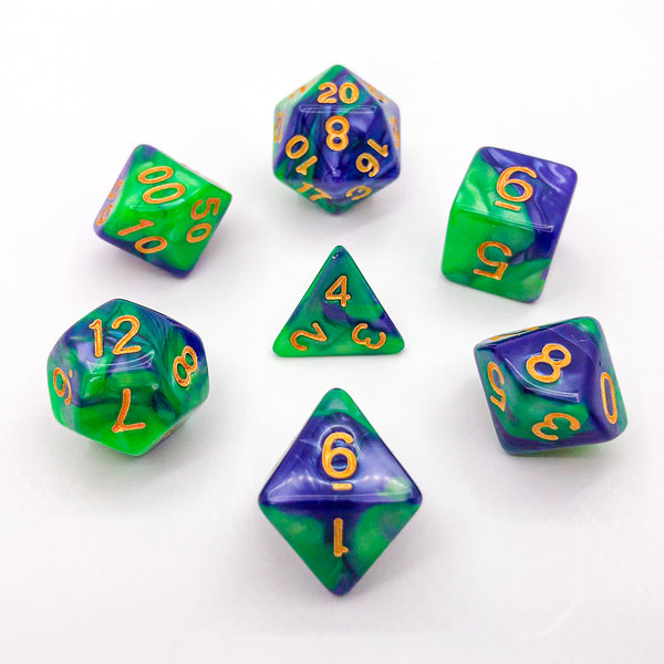 Green and Blue-Violet with Gold Text - The Dice Viking - Dice Set