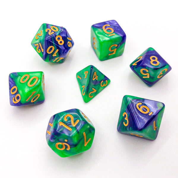 Green and Blue-Violet with Gold Text - The Dice Viking - Dice Set