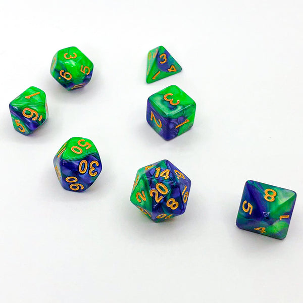 Green and Blue-Violet with Gold Text - The Dice Viking - Dice Set