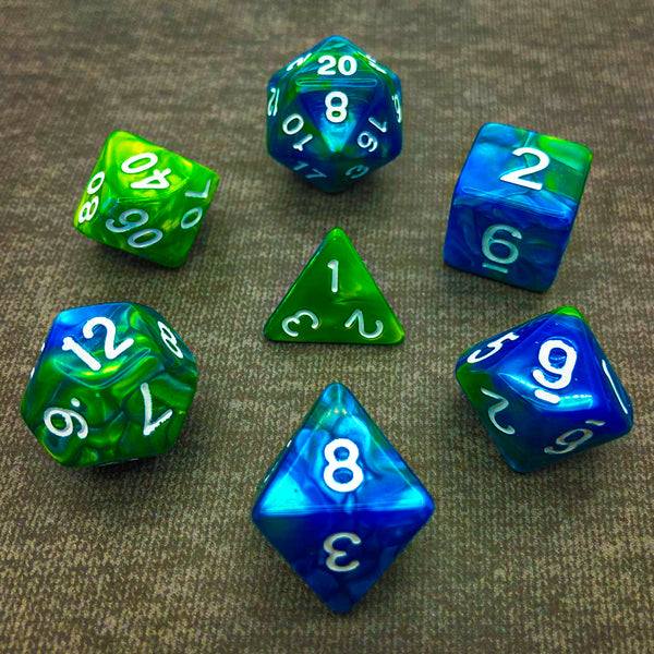 Green and Blue with White Text - The Dice Viking - Dice Set