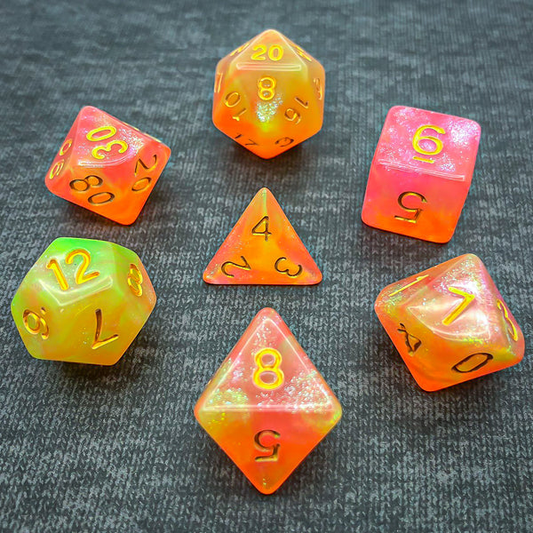 Orange, Yellow, and Pink with Gold Text - The Dice Viking - Dice Set