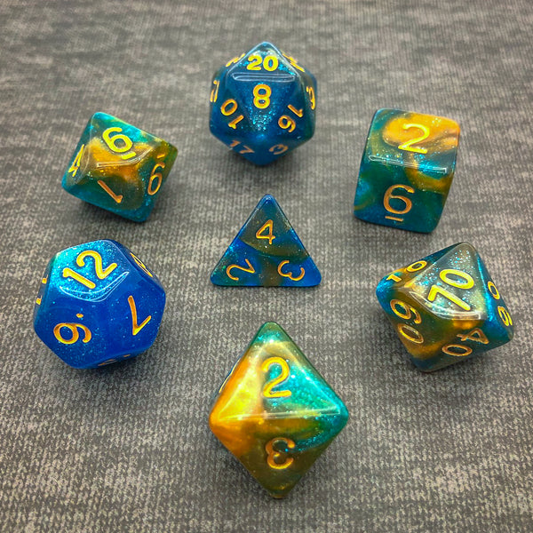 Blue, Turquoise, and Gold with Gold Text - The Dice Viking - Dice Set