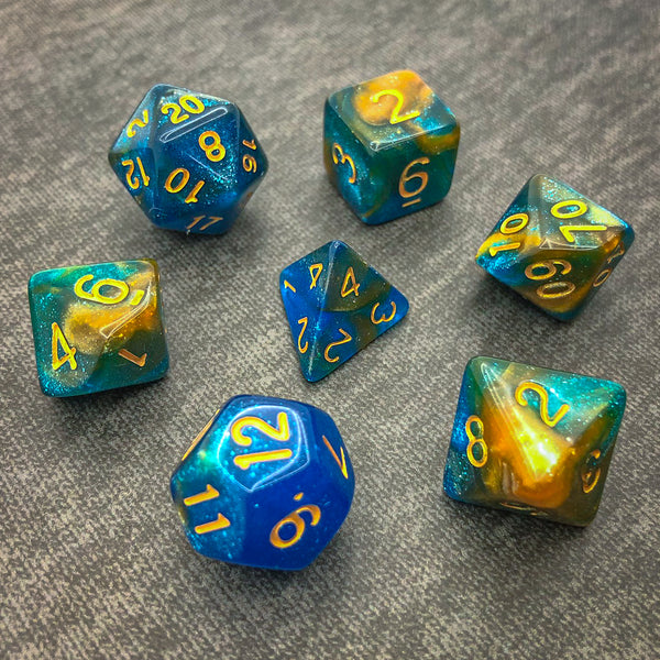 Blue, Turquoise, and Gold with Gold Text - The Dice Viking - Dice Set