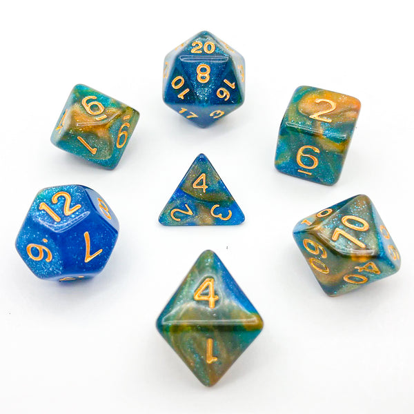 Blue, Turquoise, and Gold with Gold Text - The Dice Viking - Dice Set