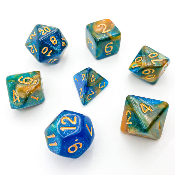 Blue, Turquoise, and Gold with Gold Text - The Dice Viking - Dice Set