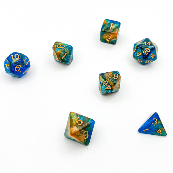 Blue, Turquoise, and Gold with Gold Text - The Dice Viking - Dice Set